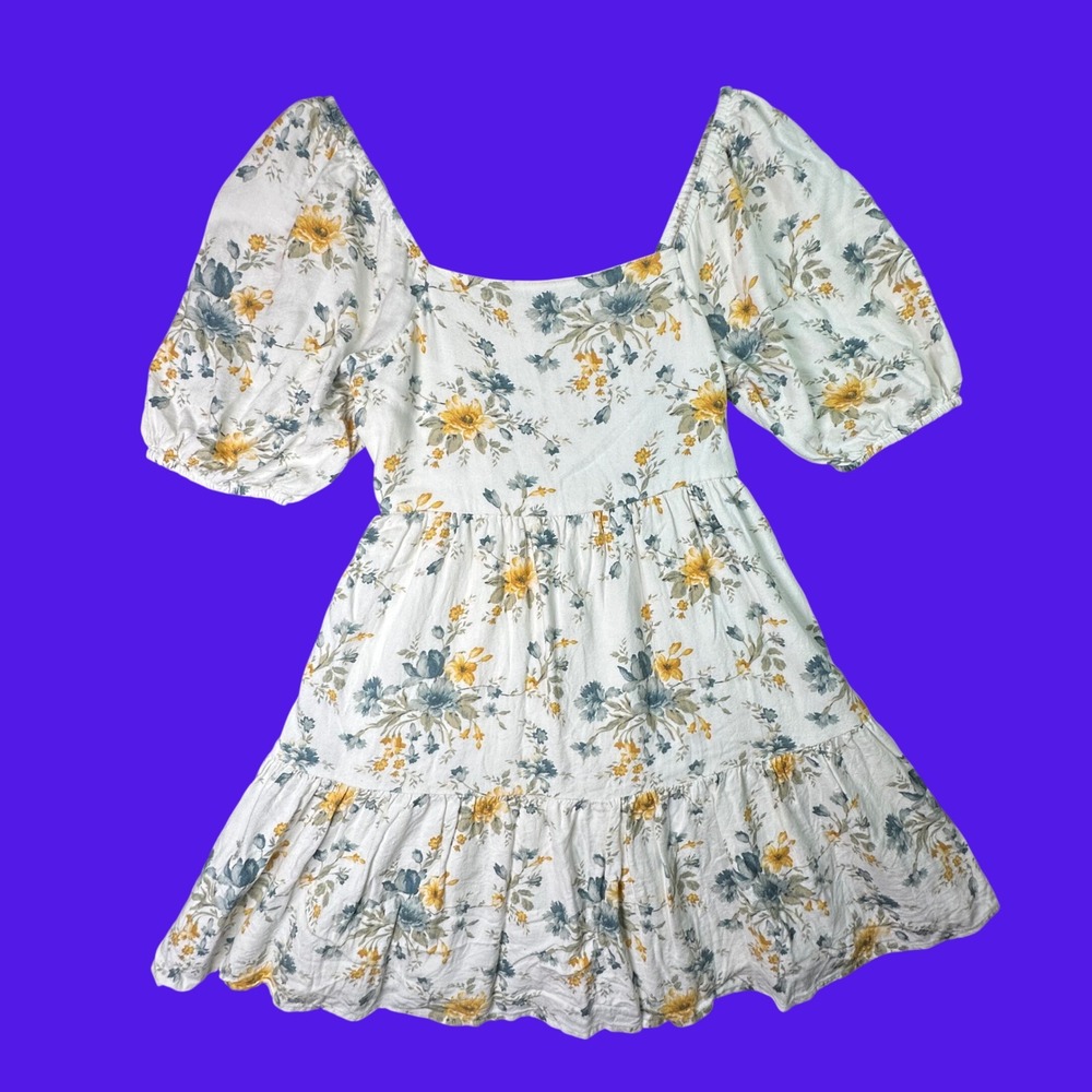 American Eagle Floral Puff Sleeve Boho Babydoll Mini Dress Cottagecore XS White